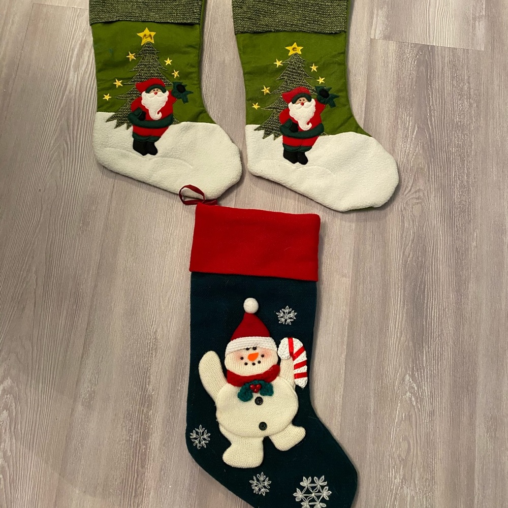 3 Christmas Stockings with Santa & snowman